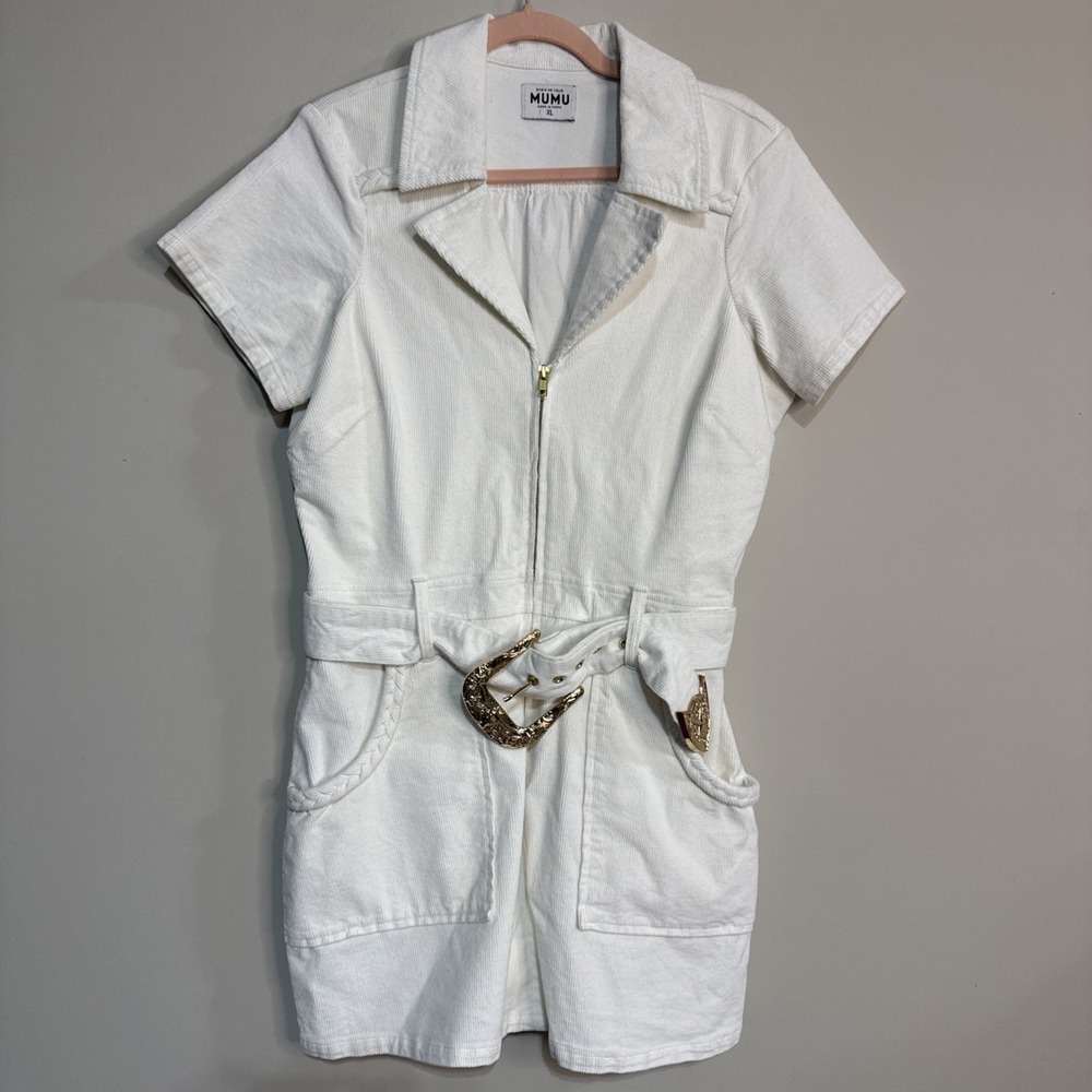 Show Me Your Mumu White Big Buckle Corduroy Size XL Short Sleeve Dress #137